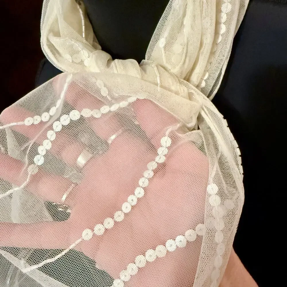 🎊HP!🎊Sheer White Sequined Beaded Decorative Fancy Scarf - Picture 5 of 7